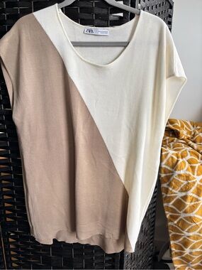 Zara Diagonal Two-Tone Cream and Tan Knit Tunic